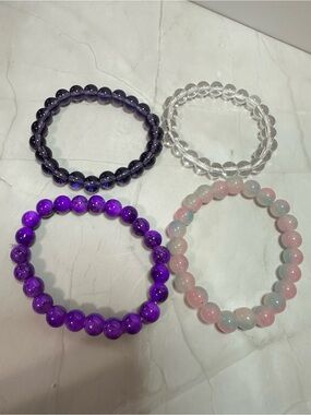 Set of 4 Beaded Stretch Bracelet - Pink, Purple, Clear -